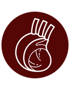 White line art of a rack of lamb inside a dark red circle.