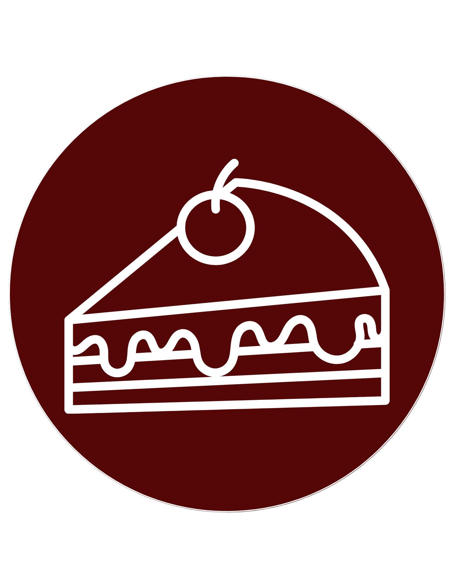 Slice of cake with cherry on top, white outline on a dark red circle.