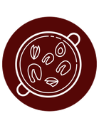 A white outline of a pot with food, likely soup or stew, on a dark red circle.