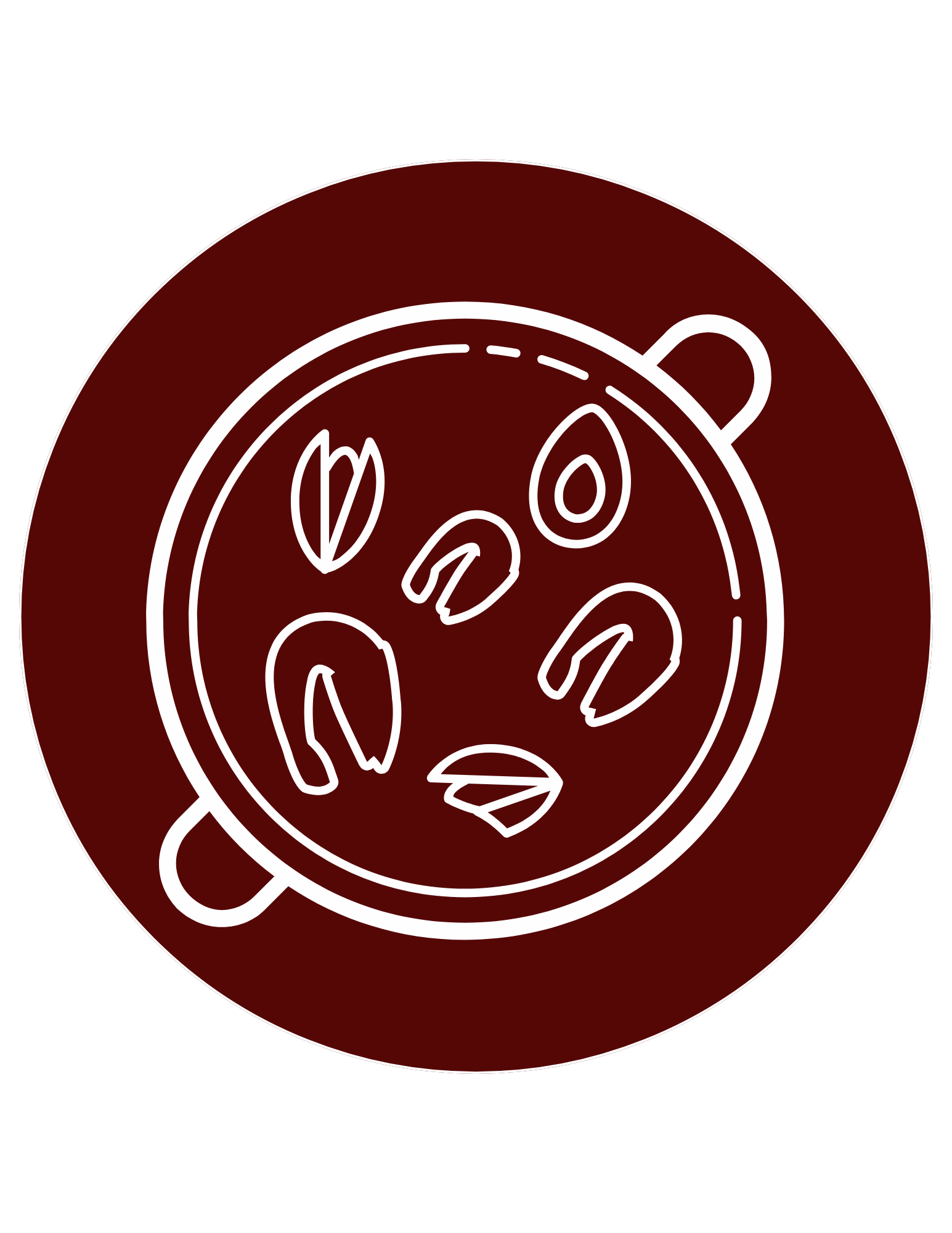 A white outline of a pot with food, likely soup or stew, on a dark red circle.