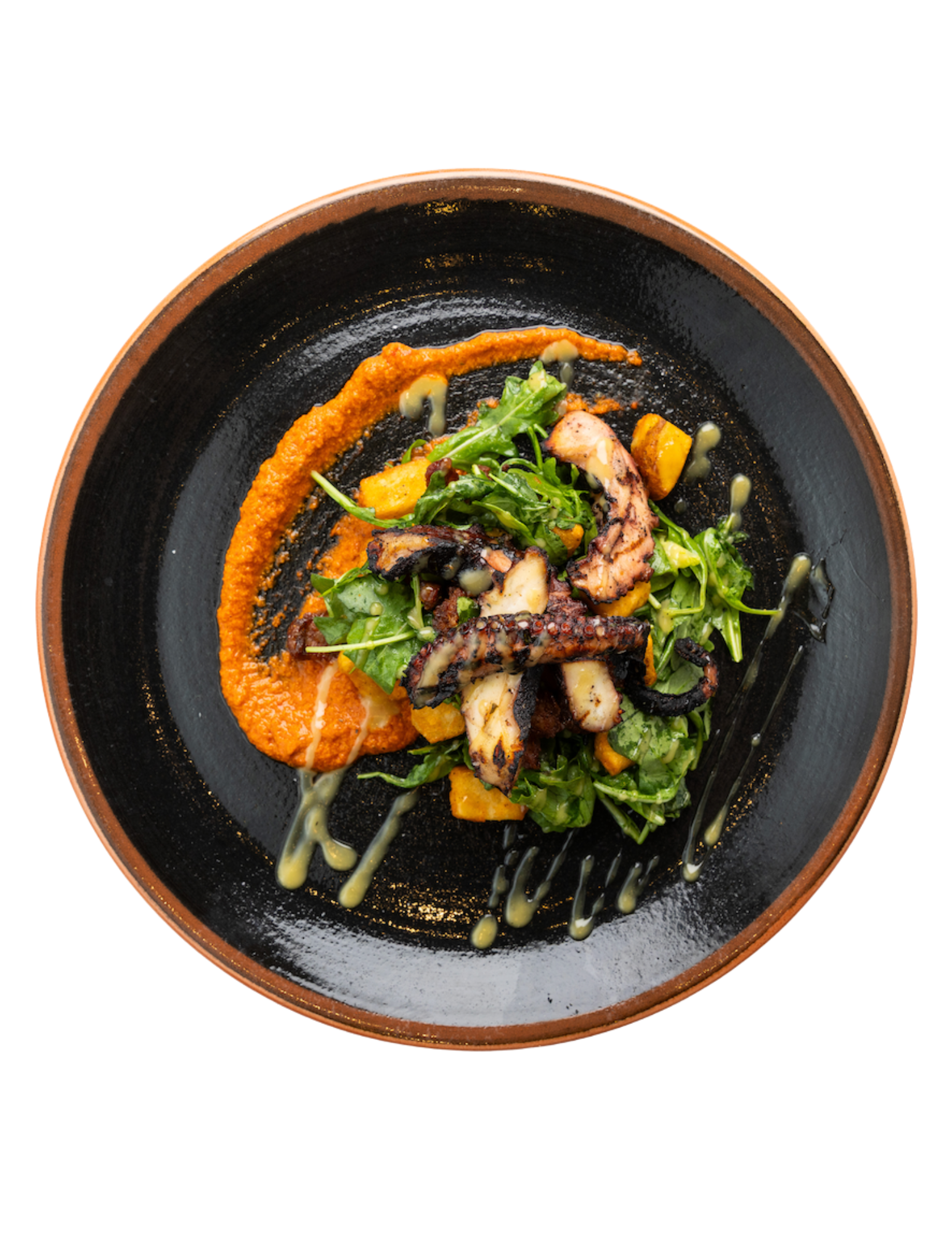 A black plate topped with a salad and octopus on a white background.