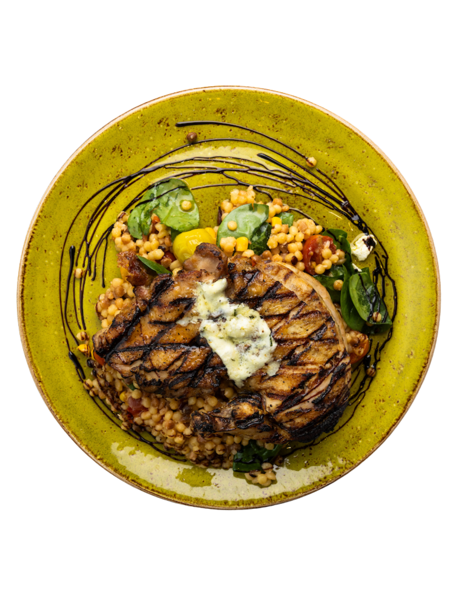 A plate of food with meat and vegetables on a white background.
