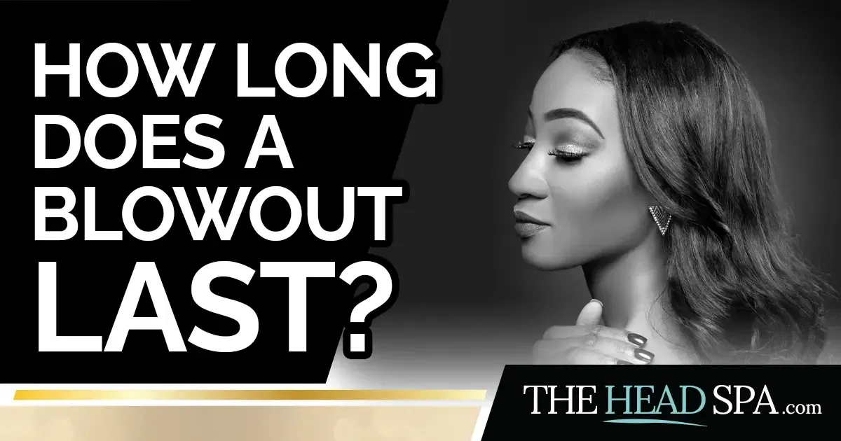 Woman with a smooth, voluminous blowout hairstyle viewed in profile next to the text 