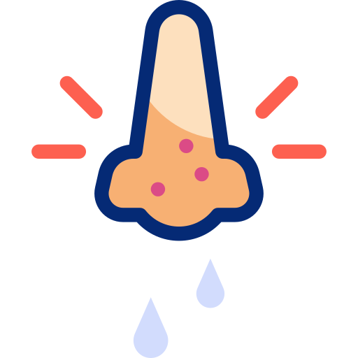 Tecknad illustration av en näsa med rosa prickar och droppar, röda utstrålande linjer.