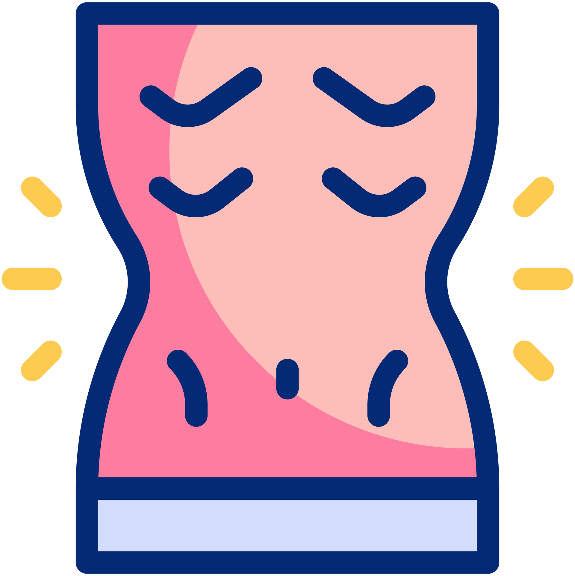 Tecknad illustration av en smal midja och magmuskler, rosa med blå konturer och gula glimmer.