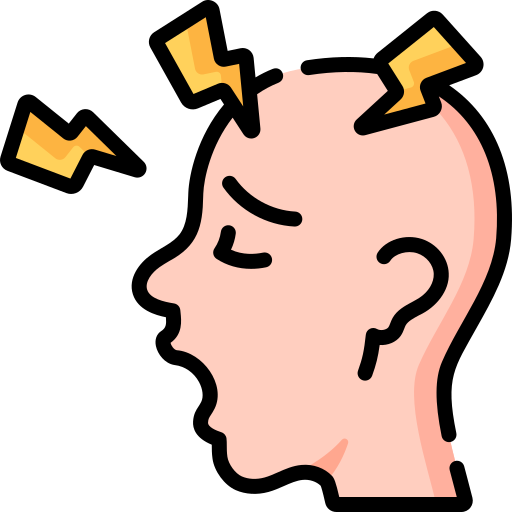 En person med ett huvud som upplever smärta, avbildad med blixtar och öppen mun.