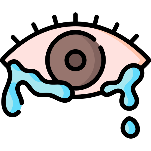 Gråtande öga med blå tårar, brun iris och rosa ögonlock.