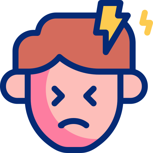 Person med slutna ögon och rynkar pannan, med blixt ovanför huvudet, vilket indikerar huvudvärk.