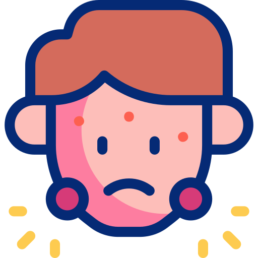 Person med röda, svullna kinder och fläckar i ansiktet.