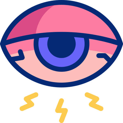 Rosa, irriterat öga med röda vener, svullna ögonlock och gula blixtar, vilket indikerar smärta.