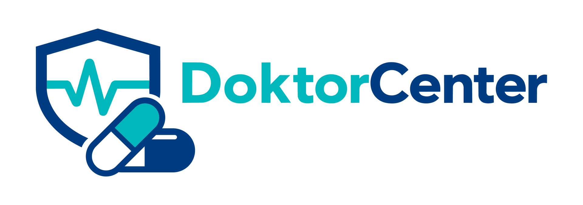 DoktorCenters logotyp med sköld, hjärtslag och piller. Blågrön och mörkblå färger.