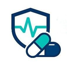 Sk&ouml;ld med hj&auml;rtslag och kapslar, turkos och bl&aring;tt, vilket antyder sjukv&aring;rd eller f&ouml;rs&auml;kring.