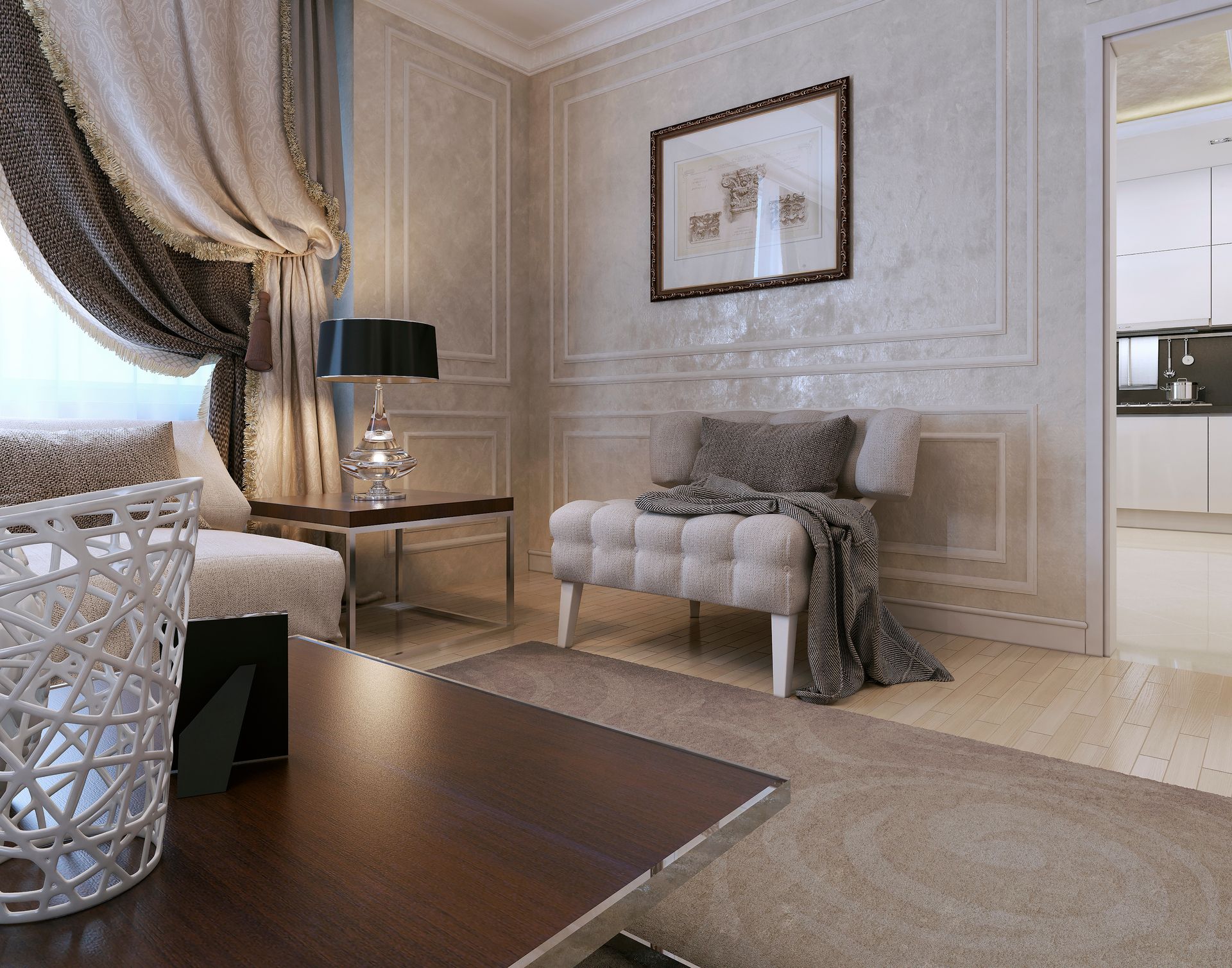 An elegant living room featuring a Venetian plaster wall with a smooth, polished surface.