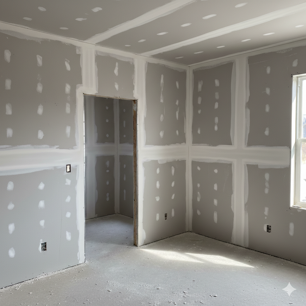 Interior room with unfinished drywall walls and ceiling, taped joints, and electrical outlets.
