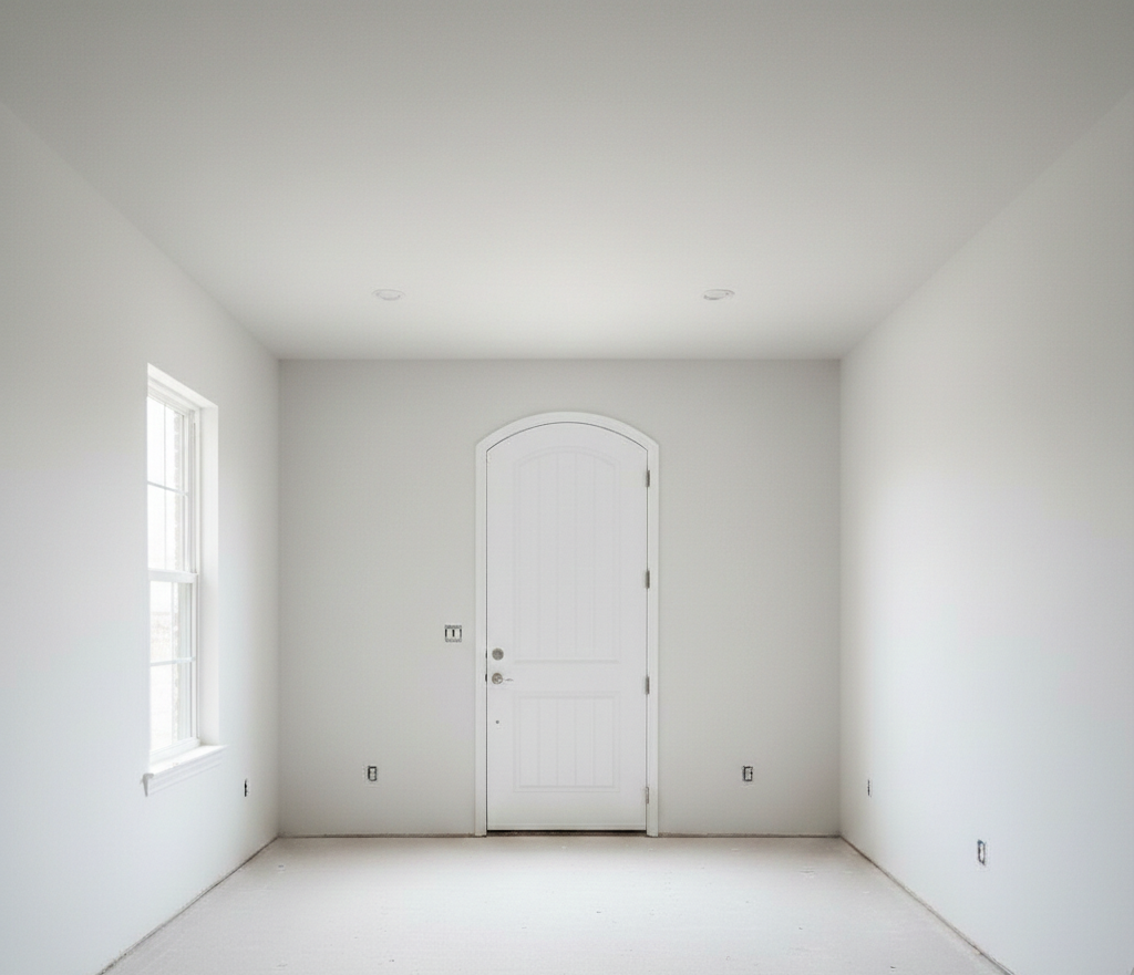 Empty white room with door and window.