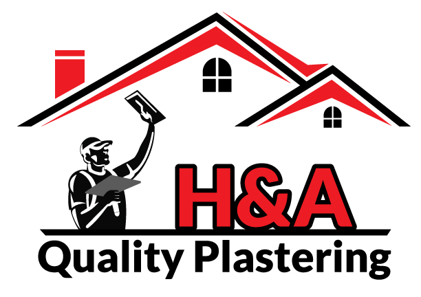 Logo for H&A Quality Plastering featuring a plasterer, house silhouette, and company name in red and black.