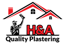 Logo for H&A Quality Plastering featuring a plasterer, house silhouette, and company name in red and black.
