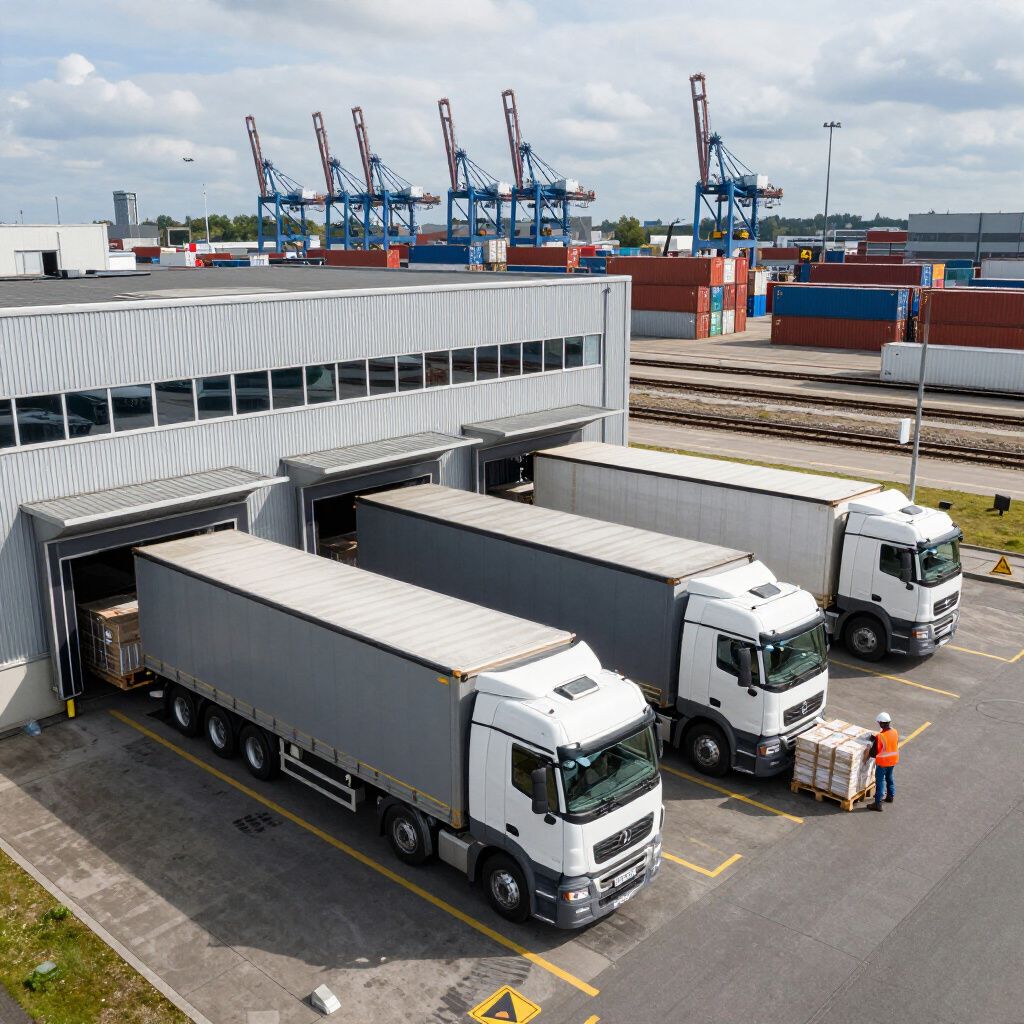 Vrachtwagens laden goederen in een magazijn in een haven. Een medewerker laadt pallets.