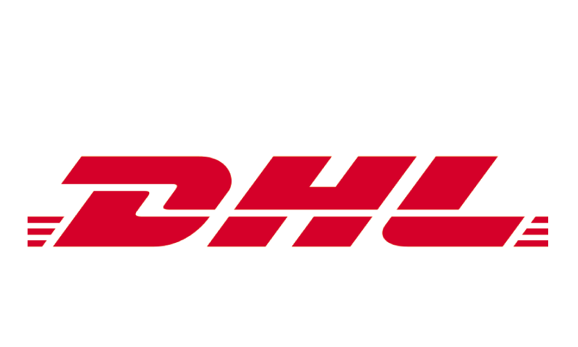 DHL-logo in rood en wit met horizontale strepen.