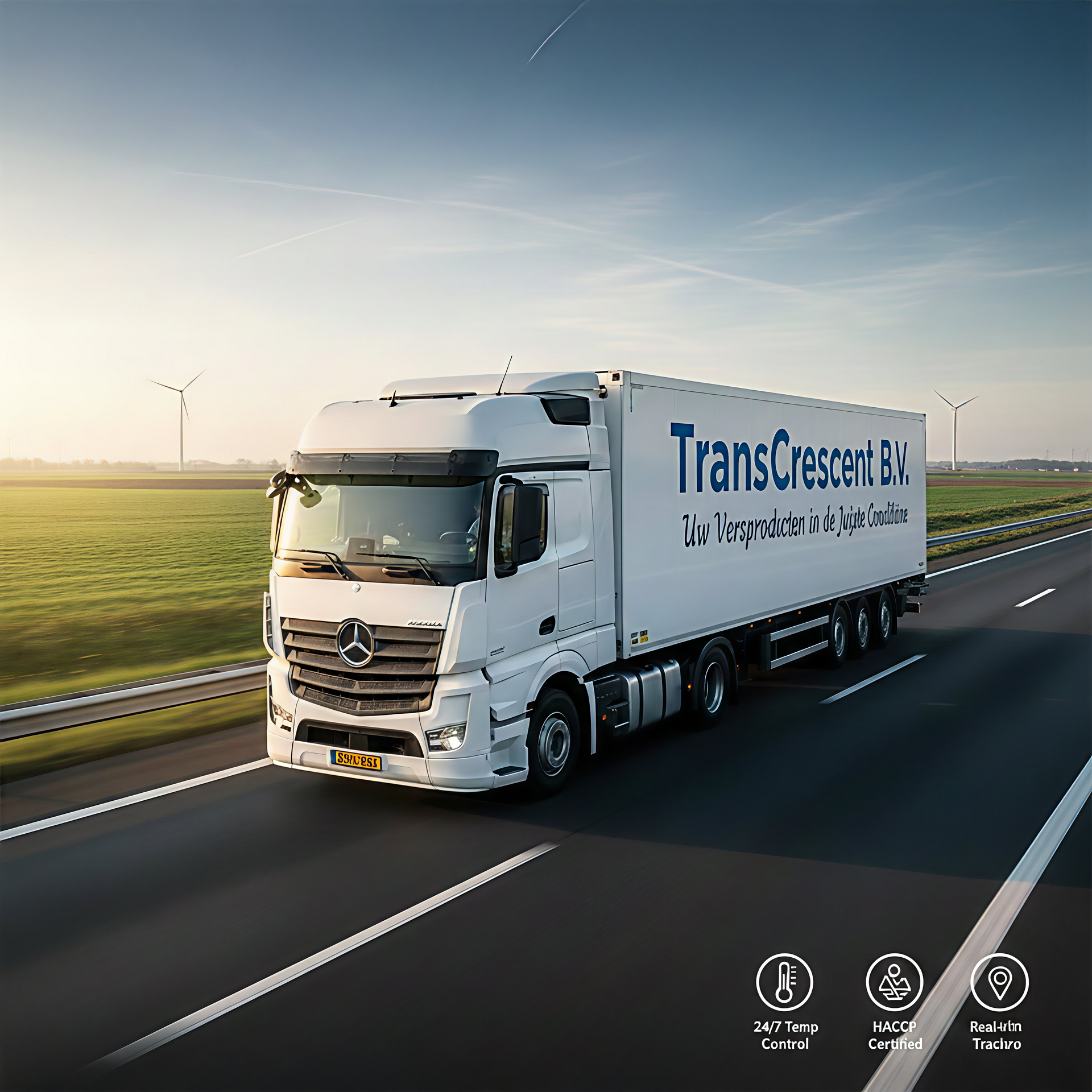 Een witte TransCrescent.BC-vrachtwagen rijdt over een snelweg met een ondergaande zon en windturbines op de achtergrond.