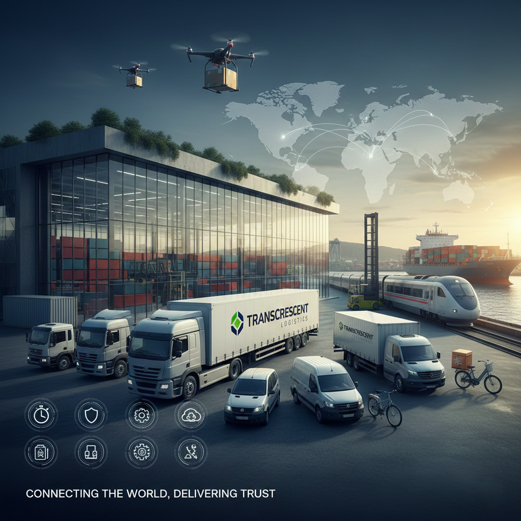 Een logistiek knooppunt met vrachtwagens, treinen, schepen en een wereldkaart, ter bevordering van de toeleveringsketen.