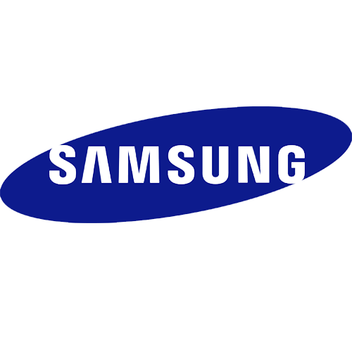 Samsung-logo: witte tekst op een blauwe ovale achtergrond.