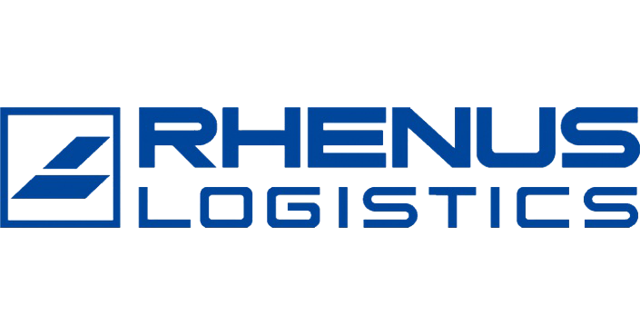 Het blauwe logo van Rhenus Logistics met een gestileerde letter 