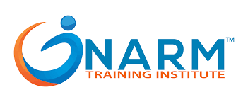 Logo for NARM Training Institute: blue figure with orange arc, and blue text.