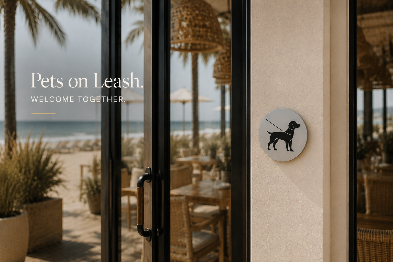 Pet Policy Pets on Leash sign at a luxury beachside restaurant entrance welcoming dogs on a leash.