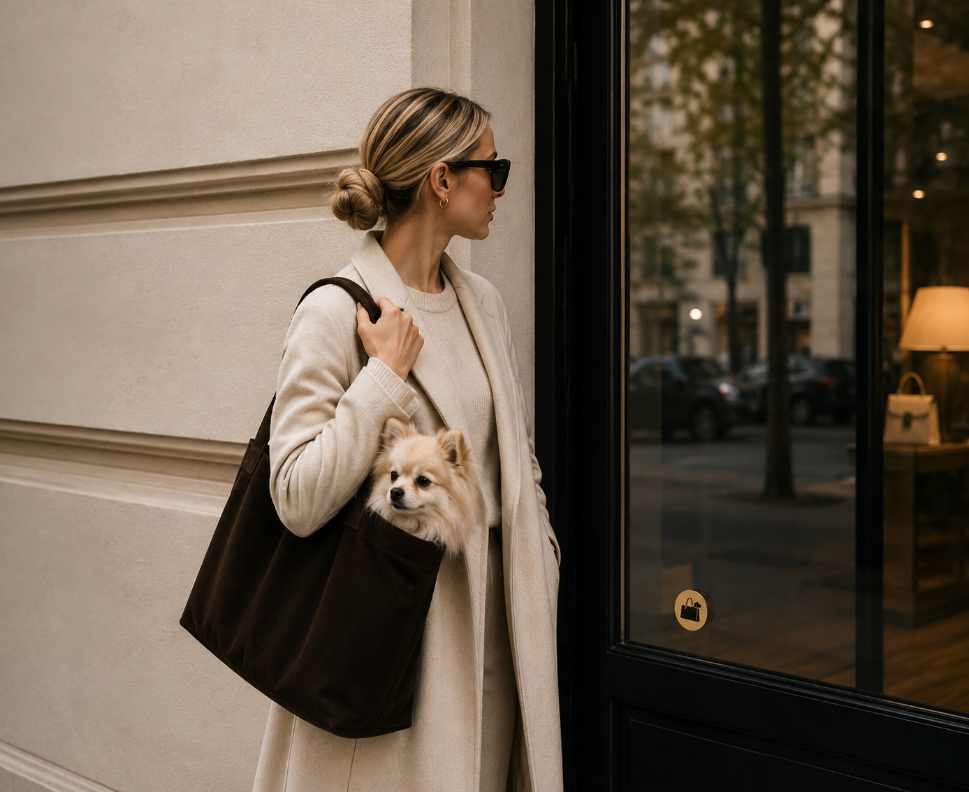 Eine Frau in einem beigen Mantel trägt eine große schwarze Tragetasche und einen kleinen Hund in einer Streetwear-Tasche neben einem Schaufenster.