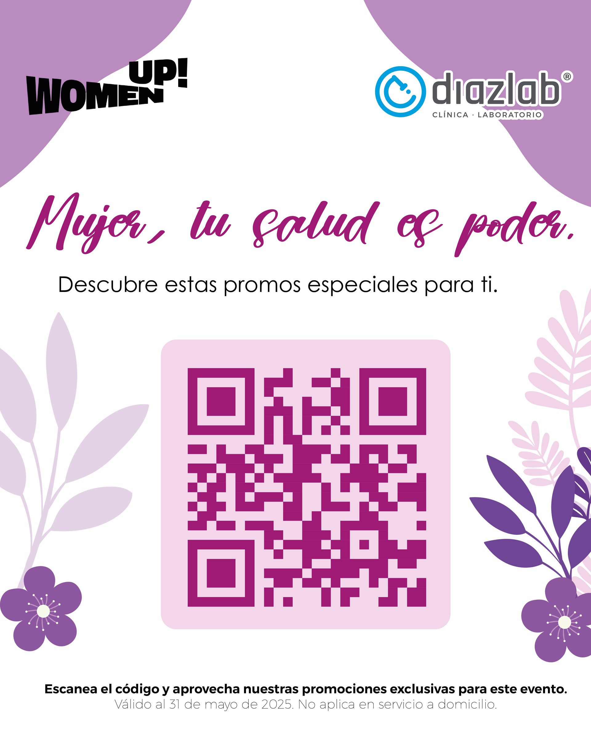 Póster con el texto «Mujer, tu salud es poder» y un código QR que promueve la salud femenina. Diseño floral morado y blanco.