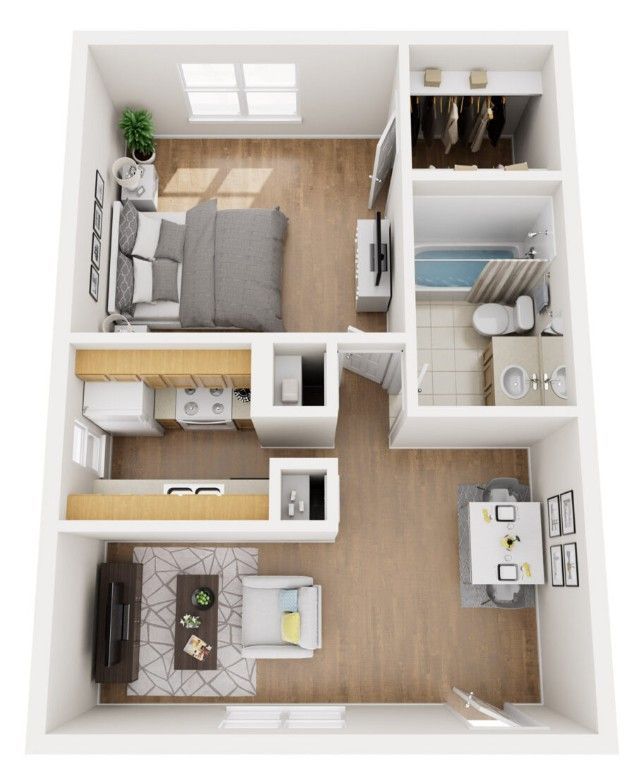 A 3d floor plan of a small apartment with a bedroom , living room , dining room , and bathroom.