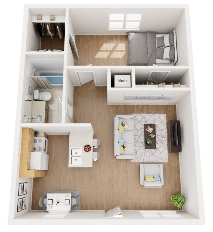 A 3d floor plan of a small apartment