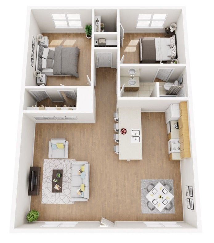 A 3d floor plan of a house with two bedrooms , a living room , and a kitchen.