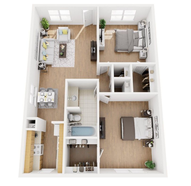 A 3d floor plan of a house with two bedrooms and a bathroom.