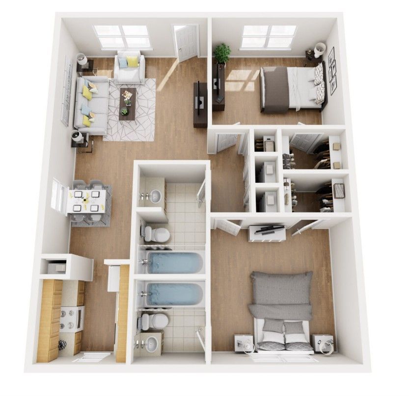 A 3d floor plan of a house with two bathtubs