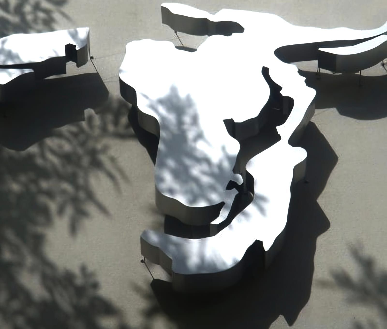 Contorno metálico de África montado en una pared; las sombras de las ramas de los árboles caen sobre él.