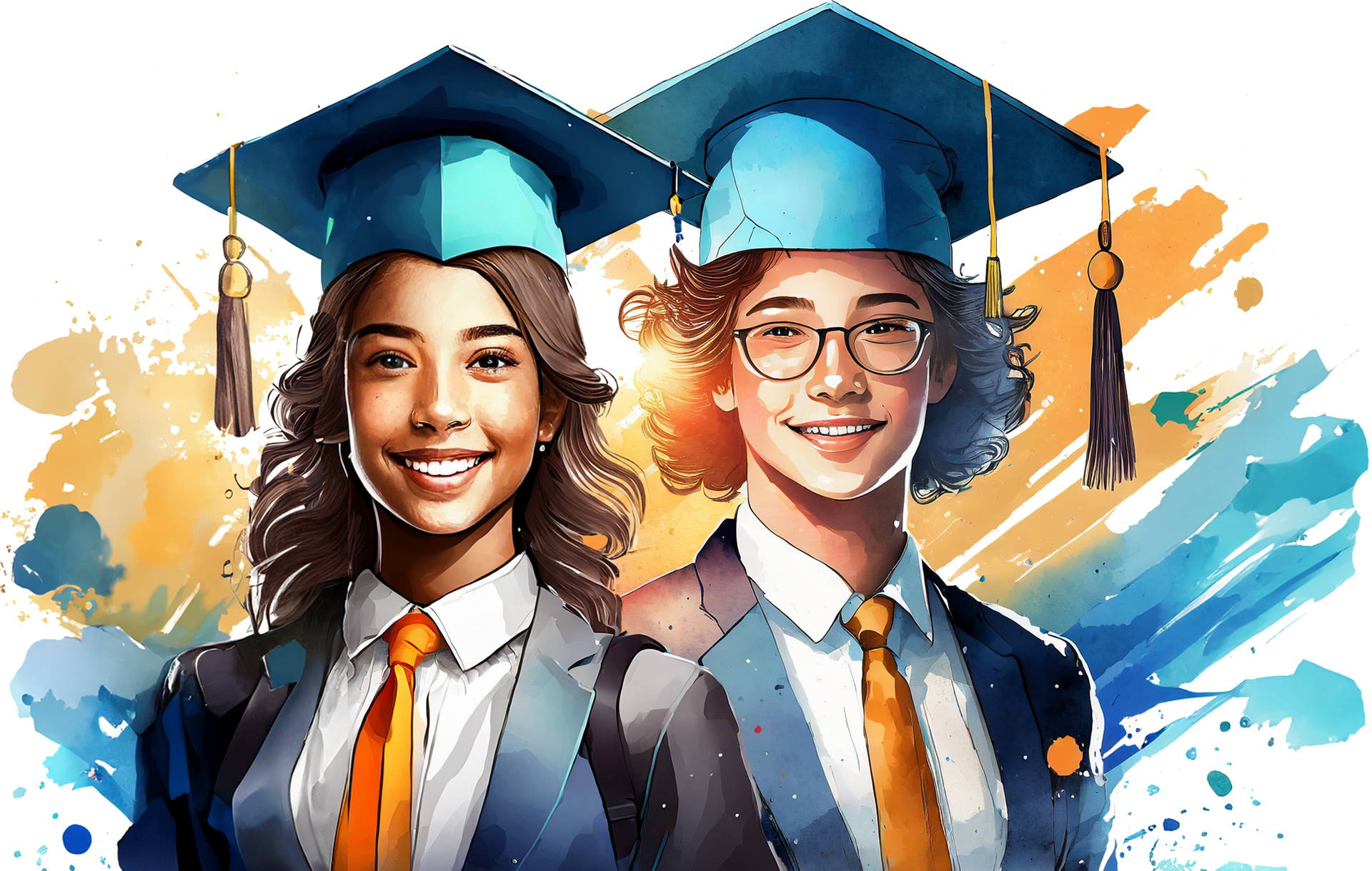 a man and a woman wearing graduation caps and ties