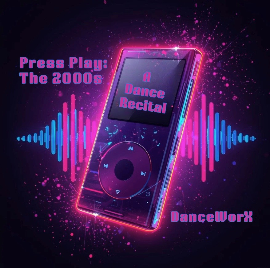 Neon pink music poster with a phone and waveform, reading “A Dance Recital,” “Press Play: The 2000s,” and “DanceWorX”