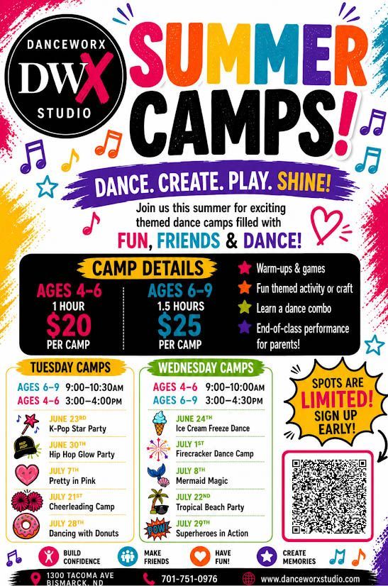 DanceWorx Studio summer camps flyer with colorful text, camp details, and QR code on pink background