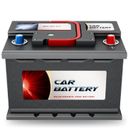 Car battery with red and blue terminals, and a red handle, on a gray case.