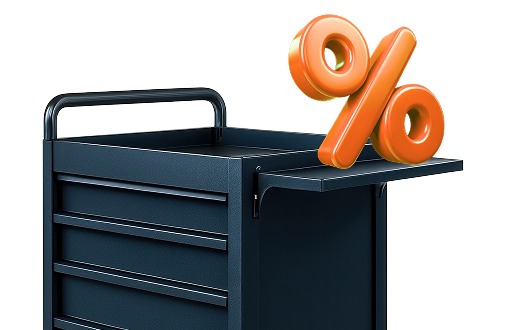Dark blue tool cart with an orange percentage sign on the shelf. | Menke's Automotive Repair