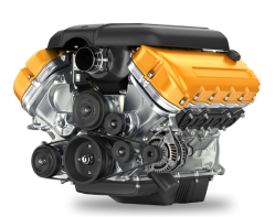 Yellow and silver V8 car engine with black belts and components.