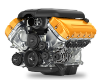 Yellow and silver V8 car engine with black belts and components.