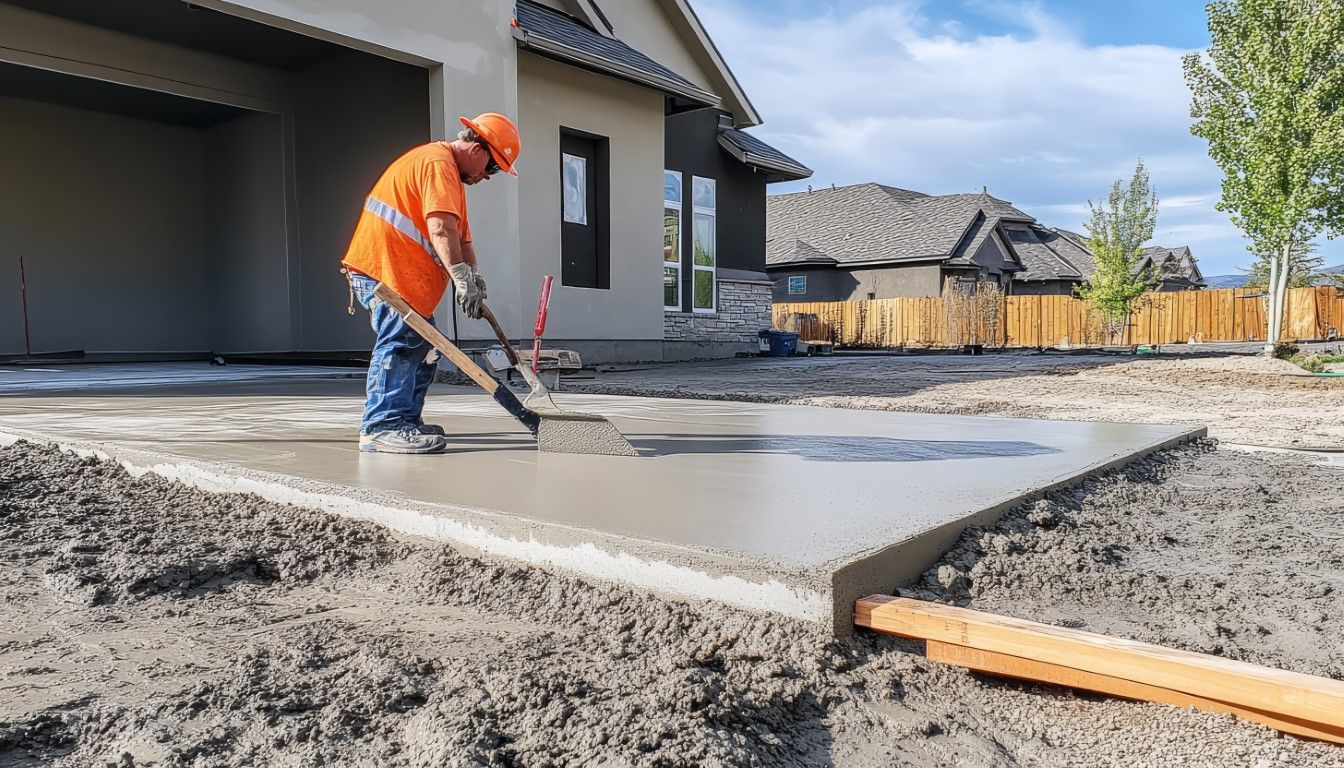 Construction worker smoothing wet concrete on a driveway with a tool, near a house.