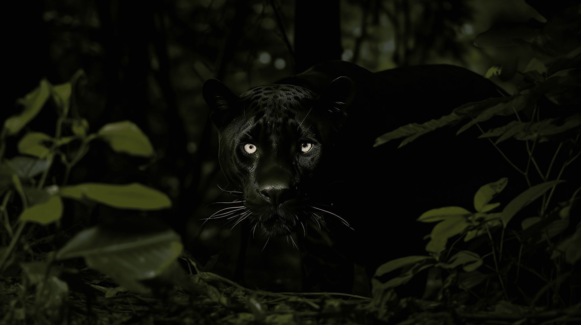 Black panther in dark foliage, intense gaze with glowing eyes.