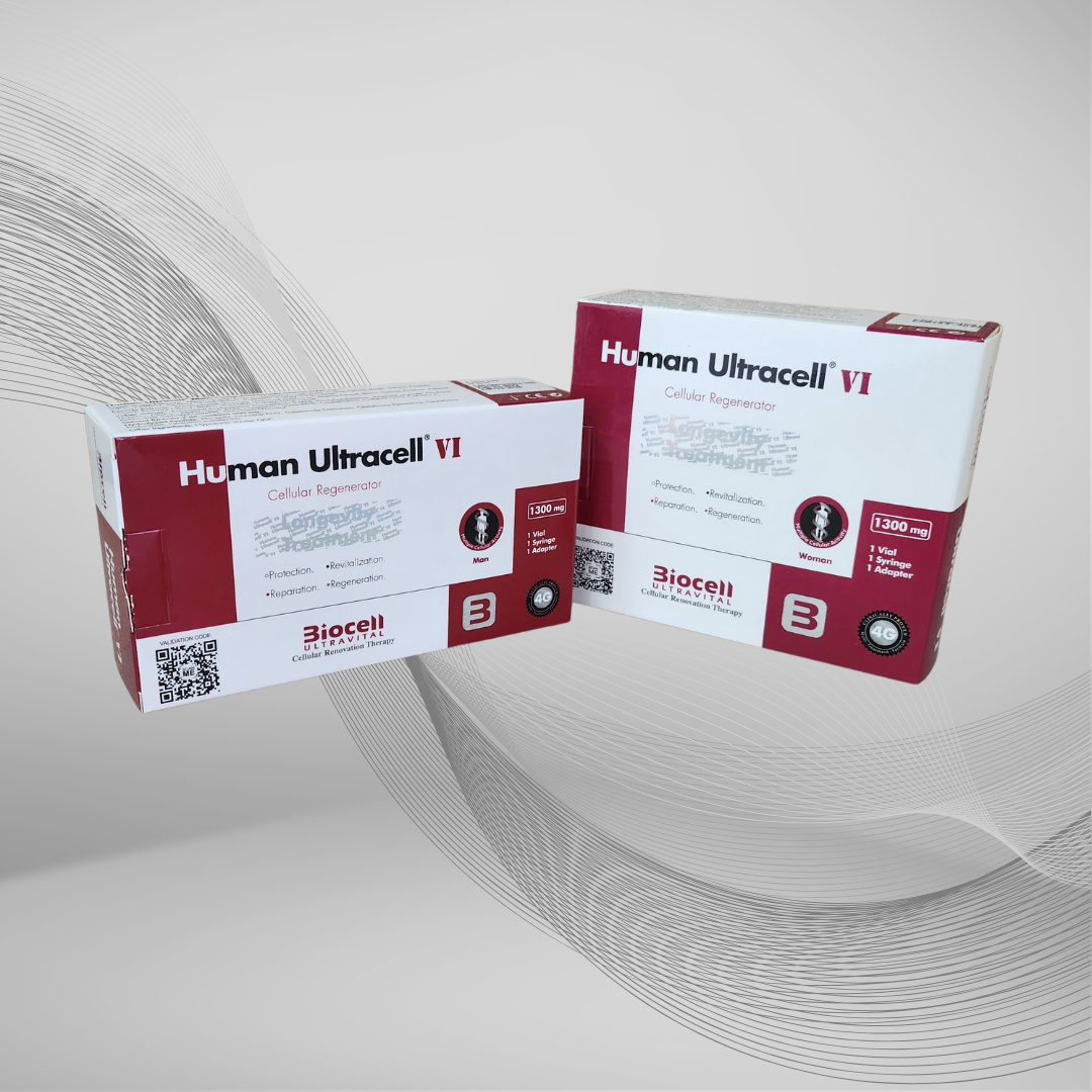 Human Ultracell supplement box with two bottles and capsules on a white background