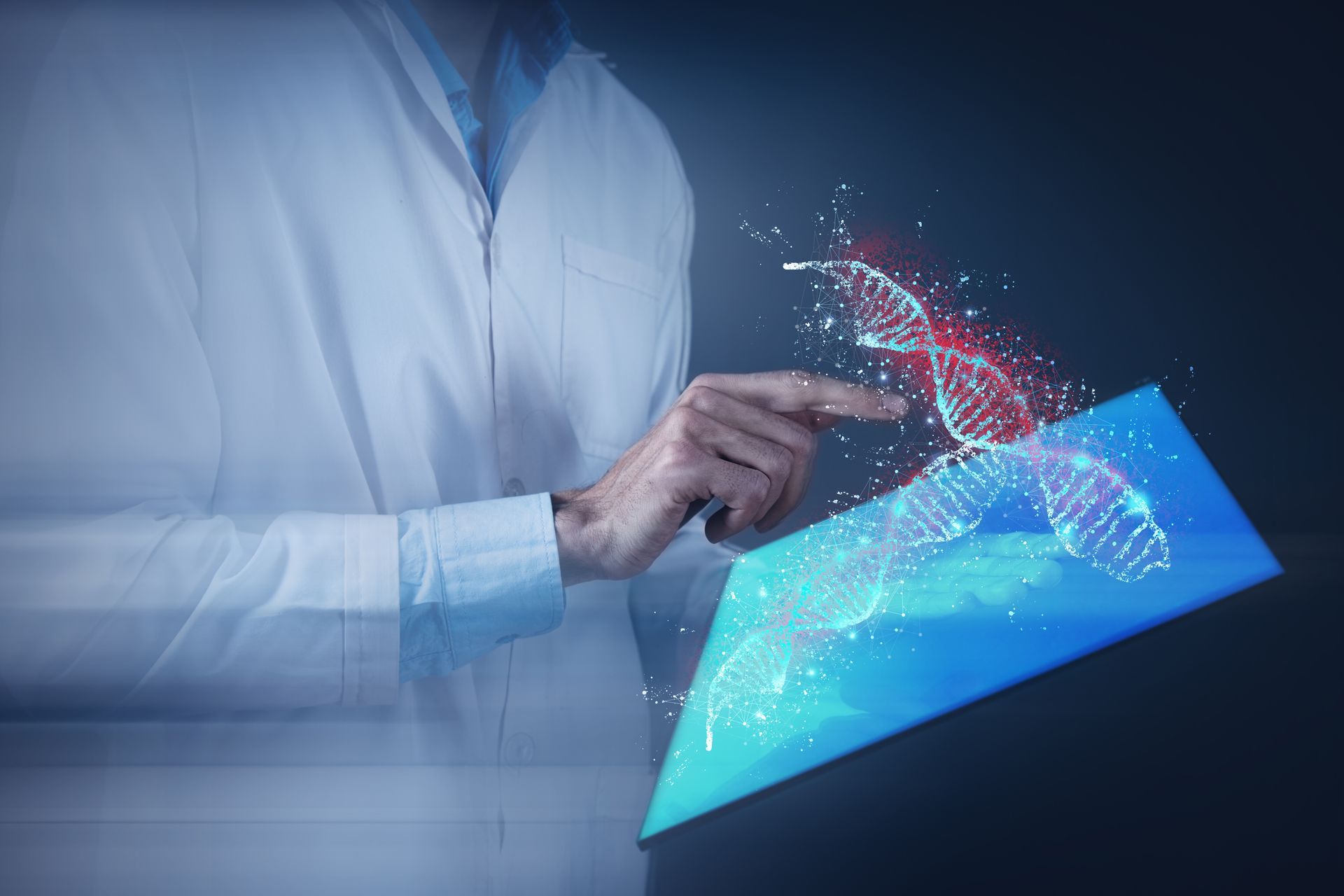 Person in a white shirt uses a glowing touchscreen with digital particles and data streams