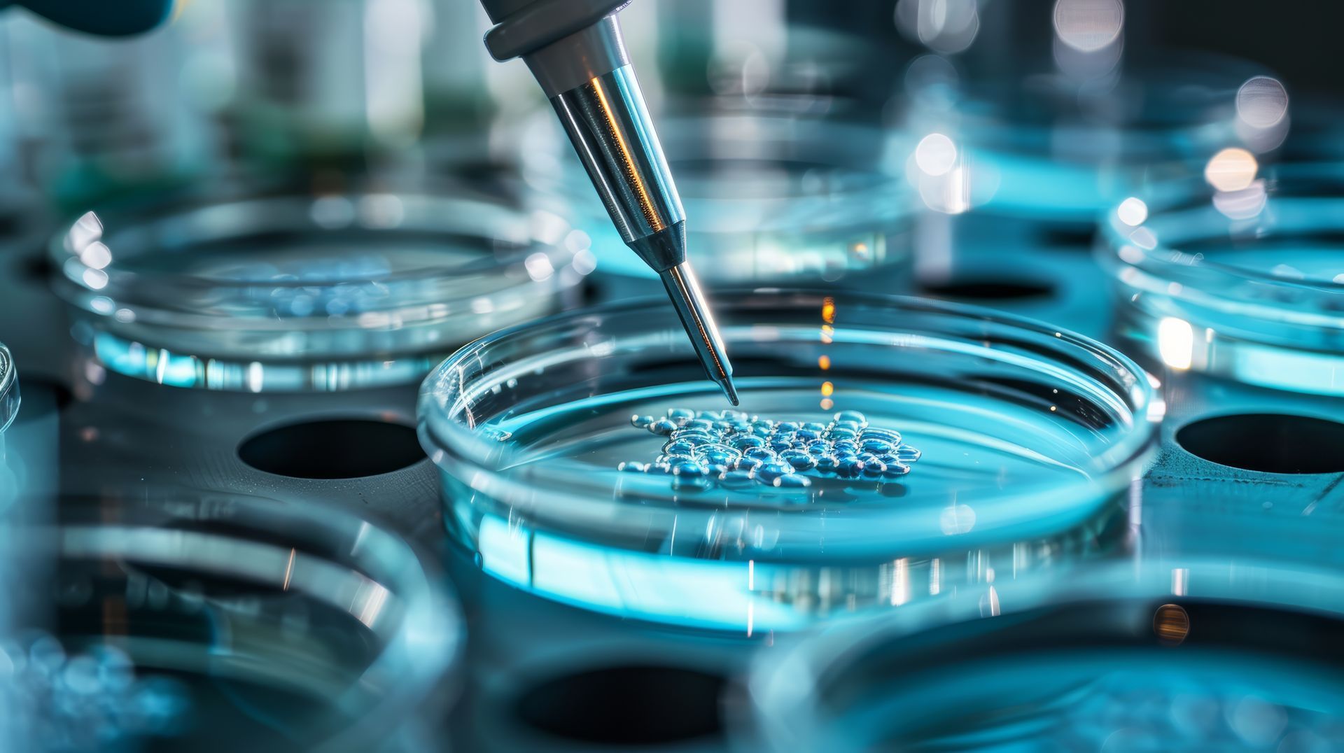 Pipette dispensing liquid into blue petri dishes in a laboratory setting