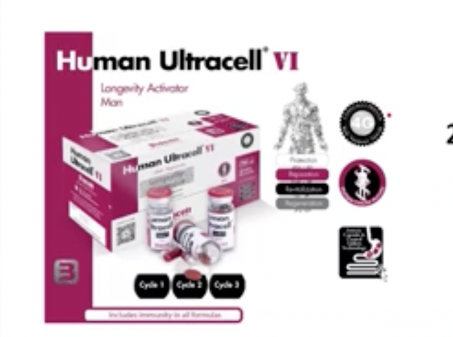 Human Ultrafell VI supplement packaging with bottles, box, and ingredient icons on a white and magenta background